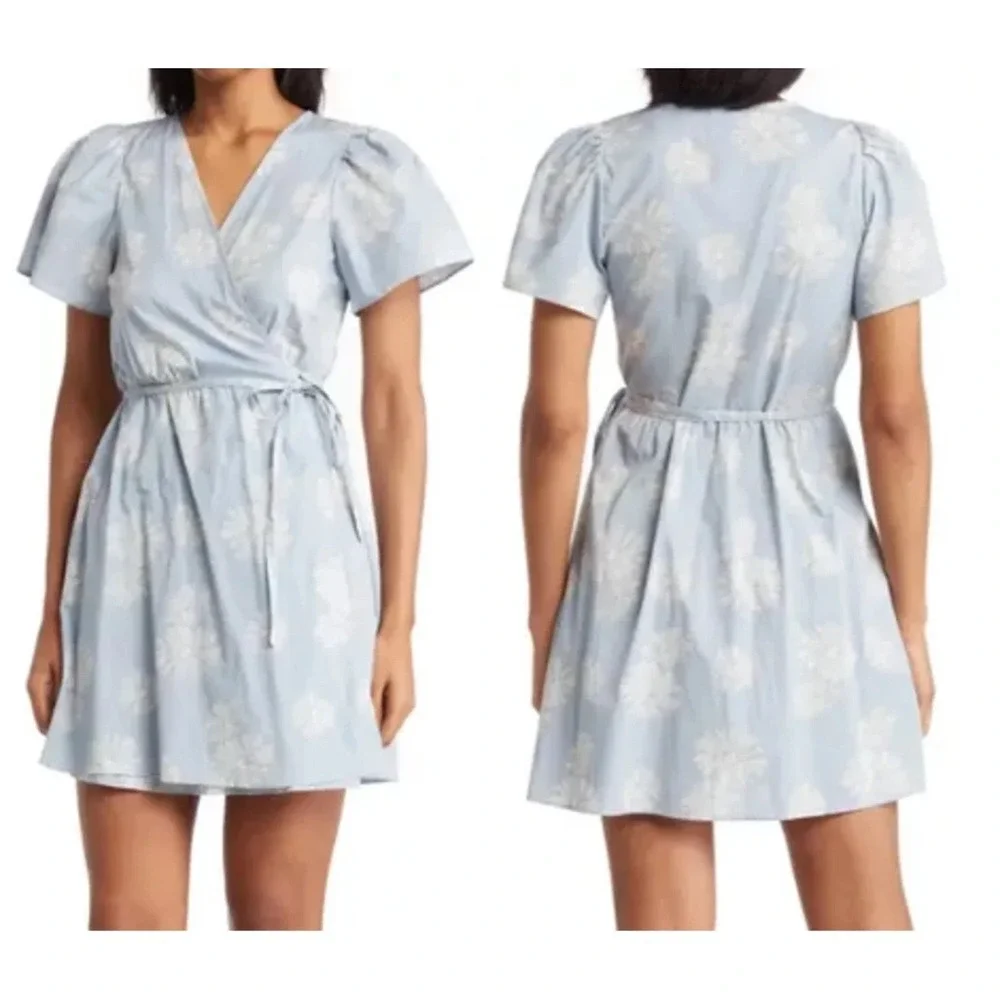 Madewell Womens Dress Medium Floral Wrap Mini Puff Sleeve Blue White Lightweight